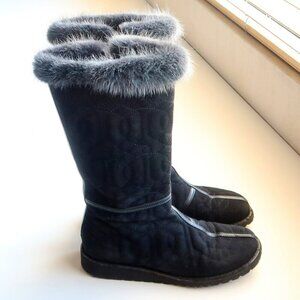 Donald J. Pliner Black Fur Top Low Wedge Quilted Half Calf Winter Boots Size 6